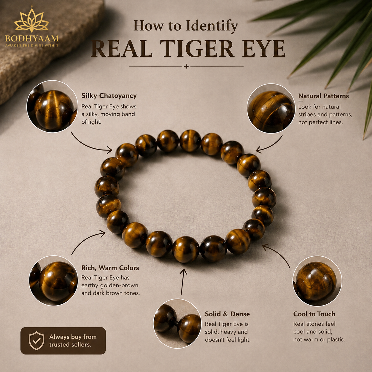 100% Natural Tiger Eye Bracelet | Lab Tested | Confidence, Protection & Positive Energy | Bodhyaam